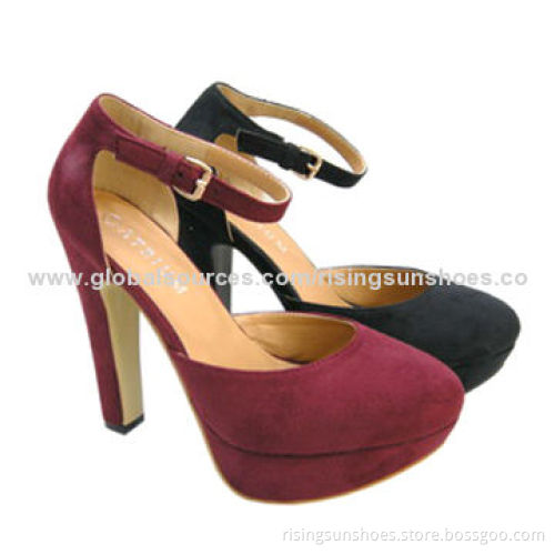 High-heeled dress shoes, soft microsuede upper, platform design and elegant ankle tape